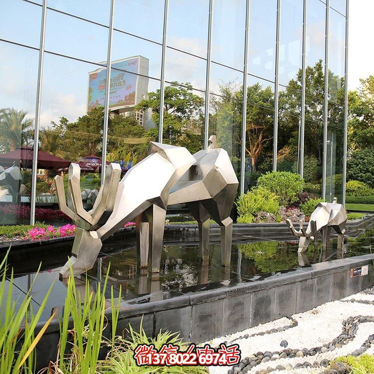 精致雕塑，幾何鏡面不銹鋼鹿，點綴精致水景小品