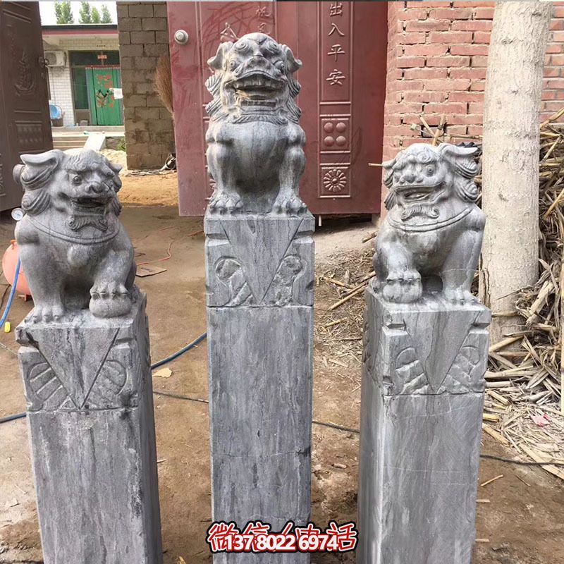 經典仿古石獅子拴馬柱擺件，點綴園林