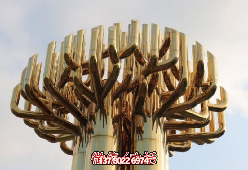 不銹鋼大樹雕塑，金色噴涂