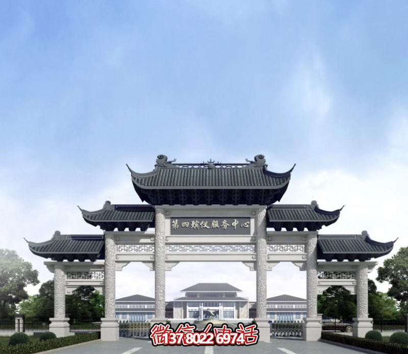 一座新式殯儀館五門景觀、青瓦斗拱、牌樓等高雅裝飾